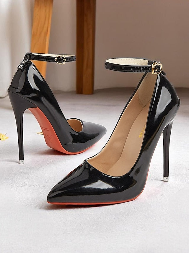 Heels Leather Patent Women's Ankle Stiletto with Black