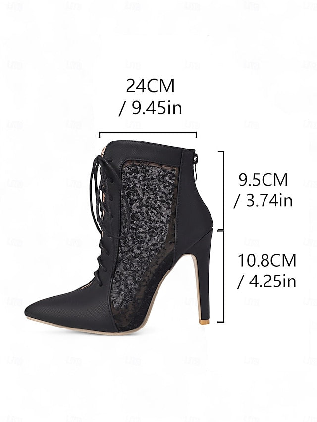 Ankle Mesh Heels Lace Booties Women's Stiletto White with