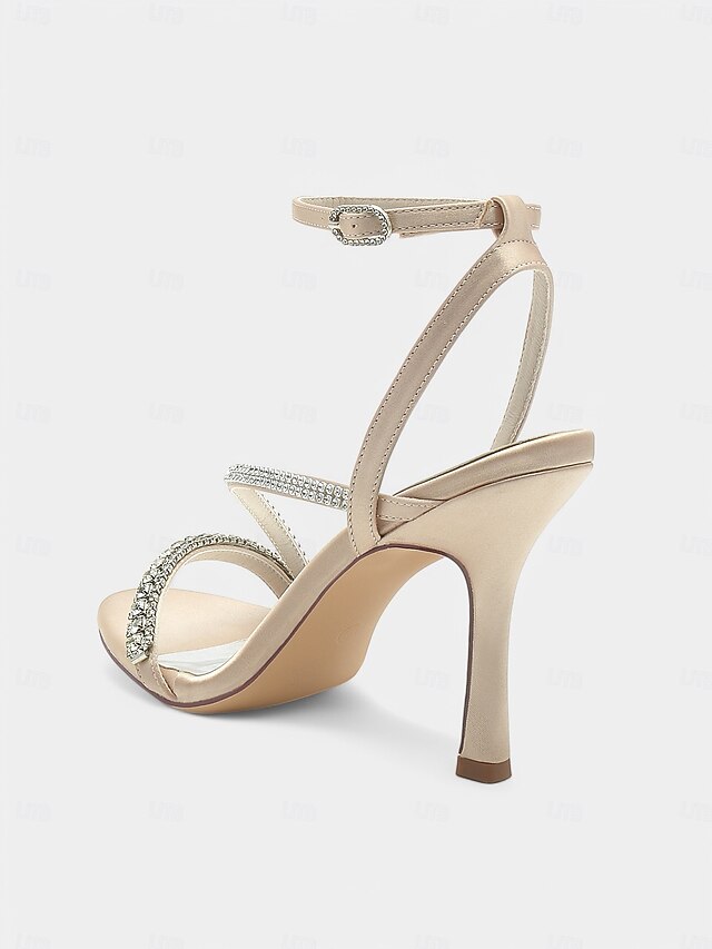 Champagne Satin Sophisticated Strappy Rhinestone Heels –