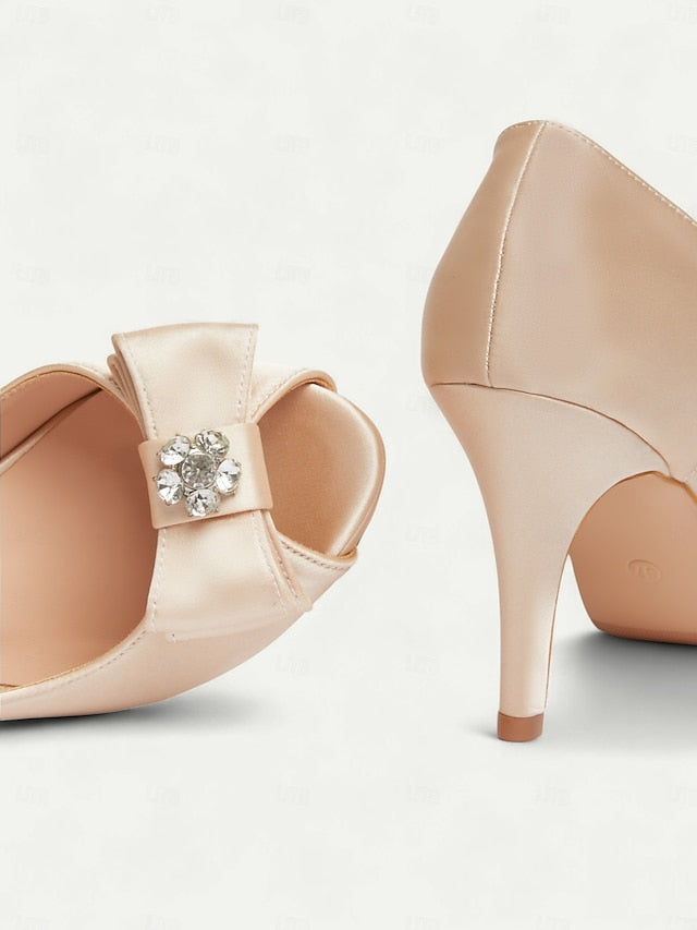 with Champagne Bow Women's and Peep Satin Heels Toe