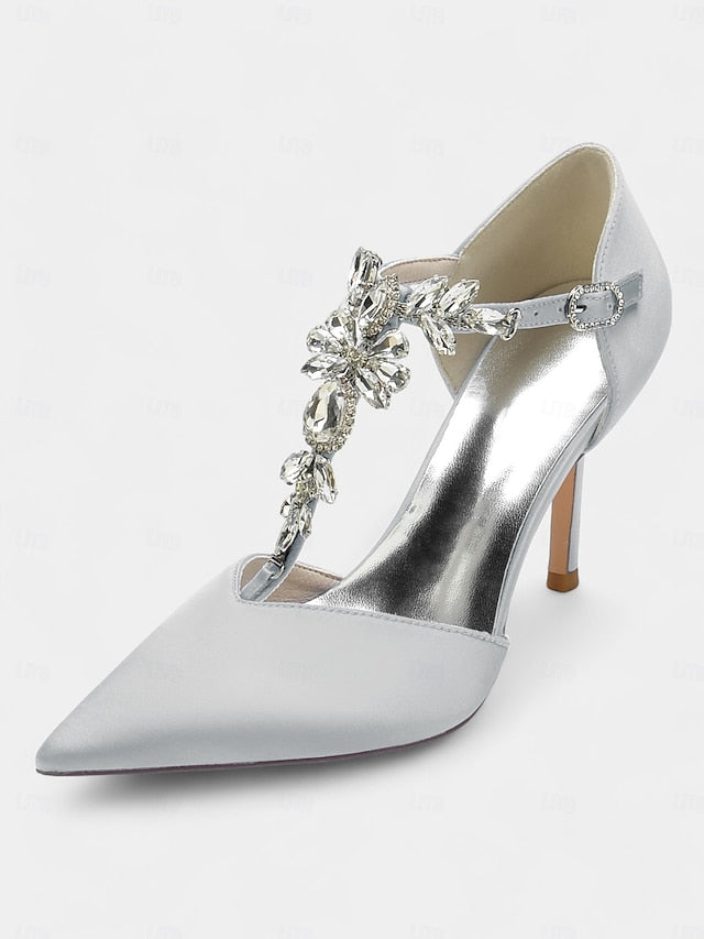 – Navy Satin Toe T-Strap Blue Women's Heels Pointed