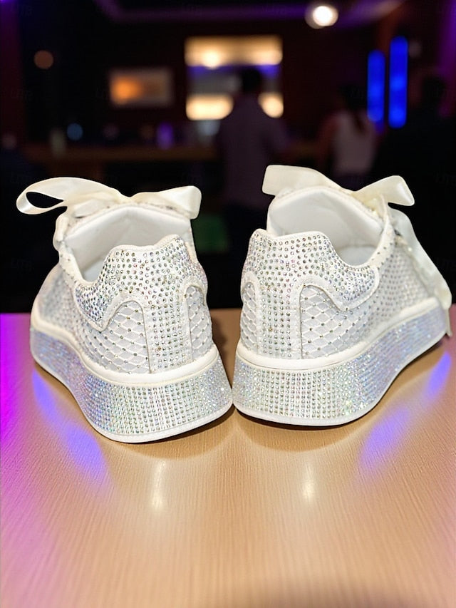 with White Sneakers Laces Ribbon Women's Rhinestone Satin