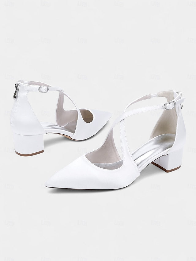 Toe Pointed Block Elegant - Satin Women's Heels Ivory