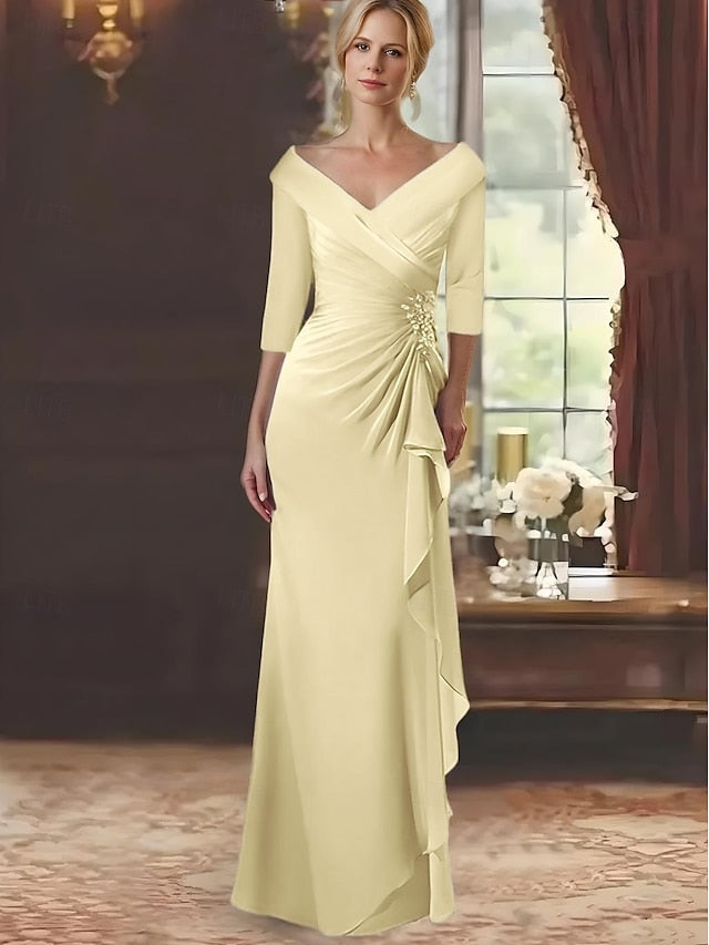 Neck the A-Line Mother V Dress of Length Bride Floor Elegant