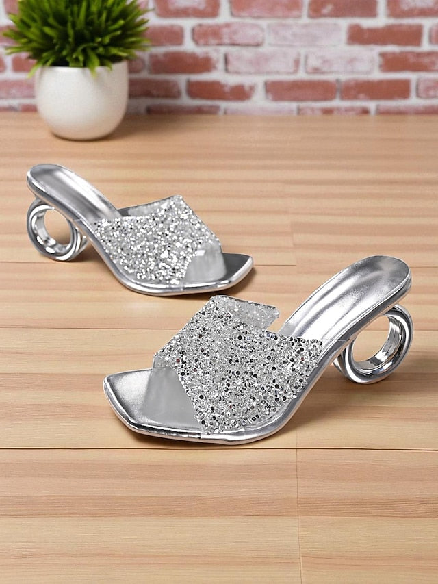 Unique Mules Rhinestone Silver Women's Open Ring Toe with