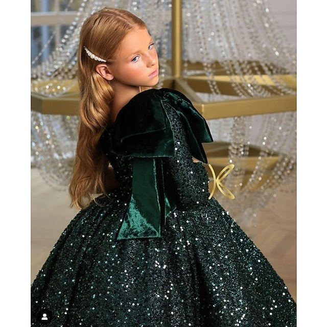 Sleeve Dress Kids Sequin Party Girls' Long Wedding Sequins
