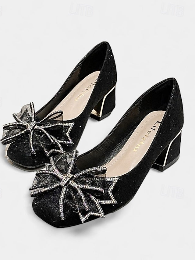 Heel Bow - Decoration Pumps with Women's Gold Glitter Block