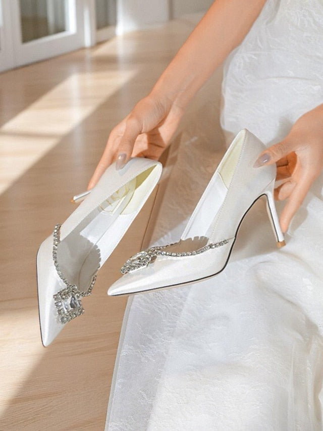 Heels Pointed Women's White Crystal with Satin Toe Wedding
