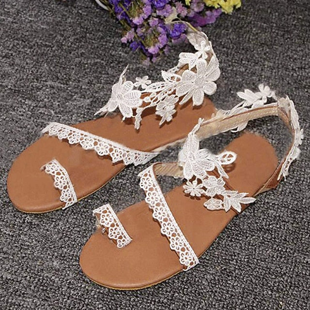 Floral Bridal Lace Sandals White Flat with Women's