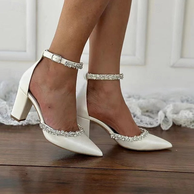 Women's Toe Heel White Block – Wedding Shoes with Pointed