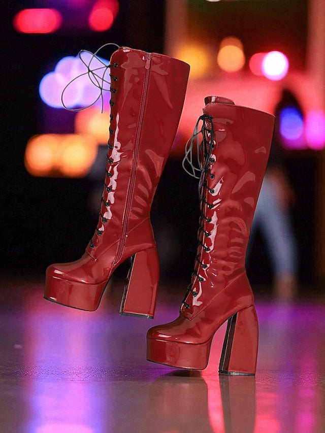 Metallic Silver Platform High Boots - Lace-Up Women's Knee