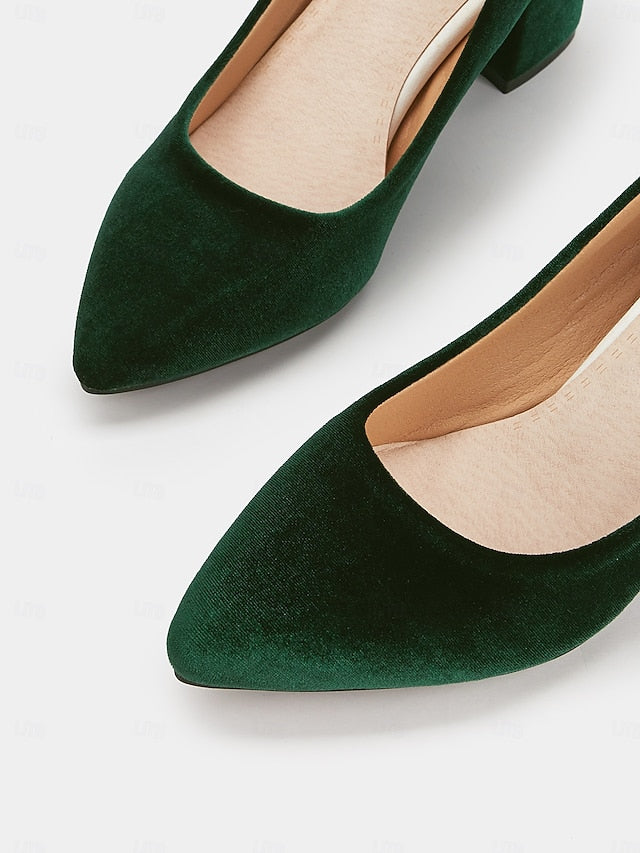 Toe Women's Green Pointed Elegant - Velvet Heel Block Pumps