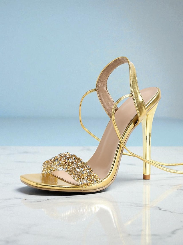 Heels Lace-Up Stiletto Gold Women's Rhinestone with Straps