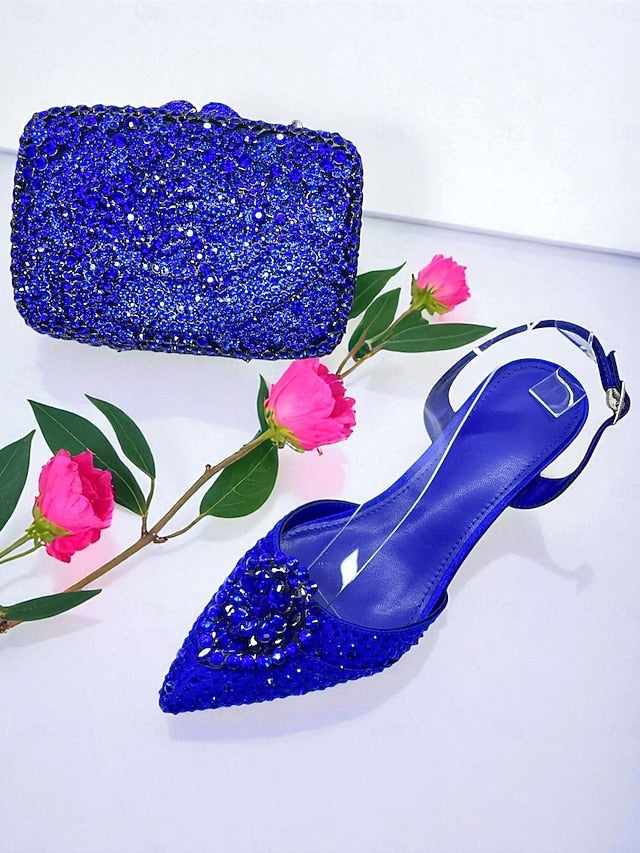 Heel Shoes and Women's Bag Clutch Rhinestone Set Green -