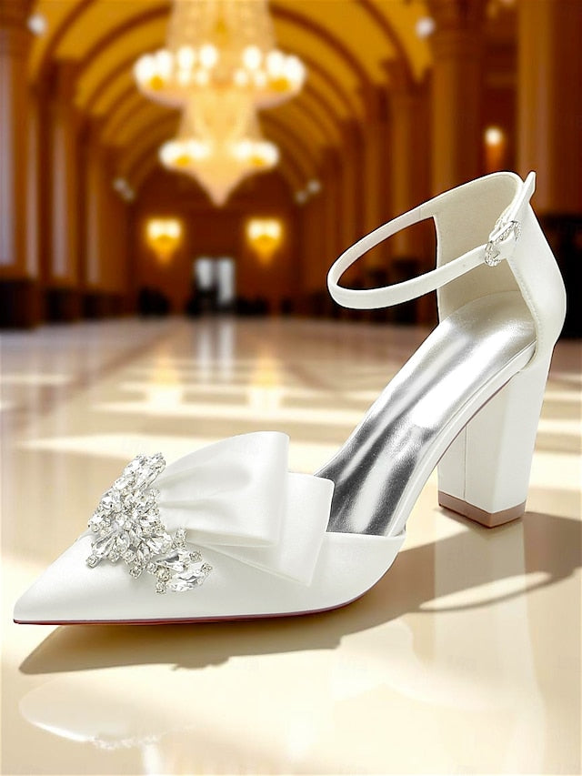 Bow Block Pumps Satin Heel and with Crystal Women's