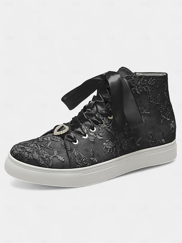 Lace Sneakers Wedding Women's Satin Laces with Ribbon Ivory