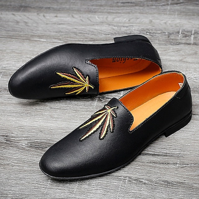 Men's Prom Shoes - White Faux Leather Loafers with Feather