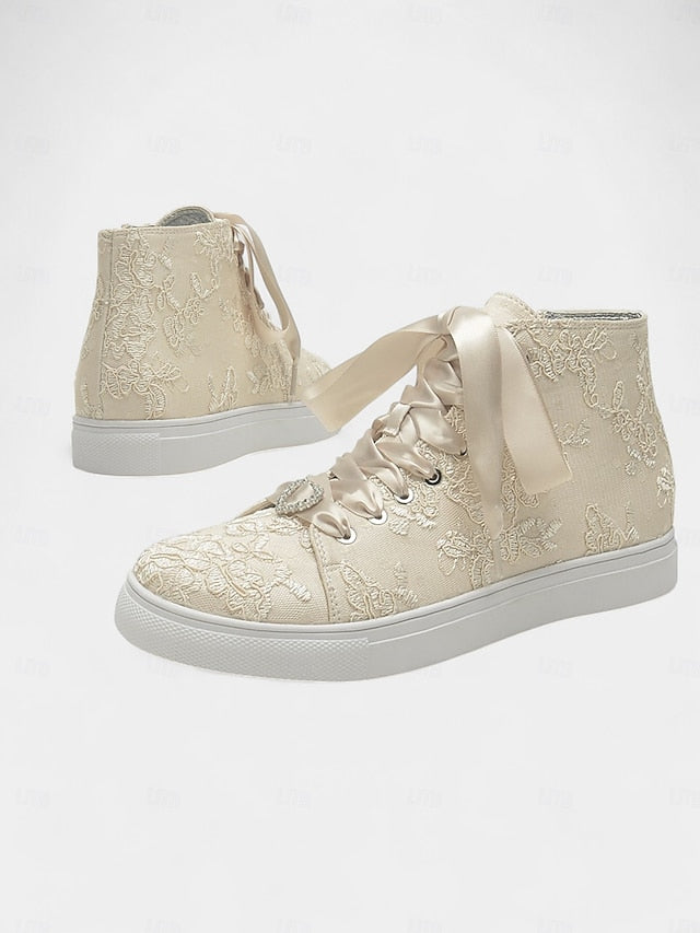 Lace Sneakers Wedding Women's Satin Laces with Ribbon Ivory