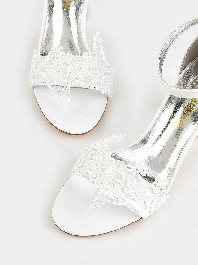 Women Heels Ankle for Open-Toe Strap with - Lace White Bridal
