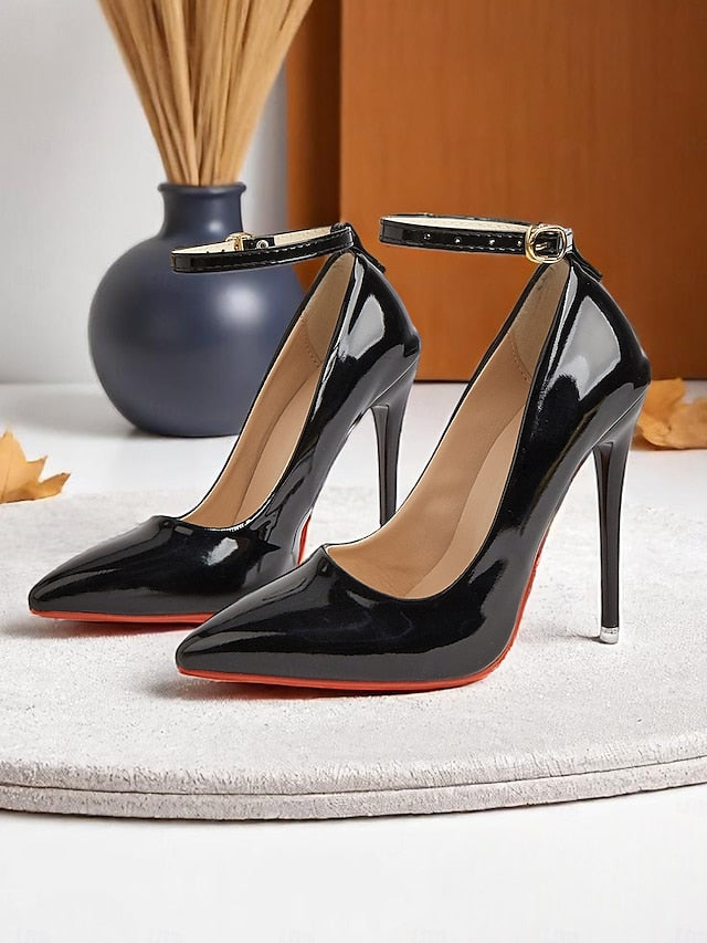 Heels Leather Patent Women's Ankle Stiletto with Black