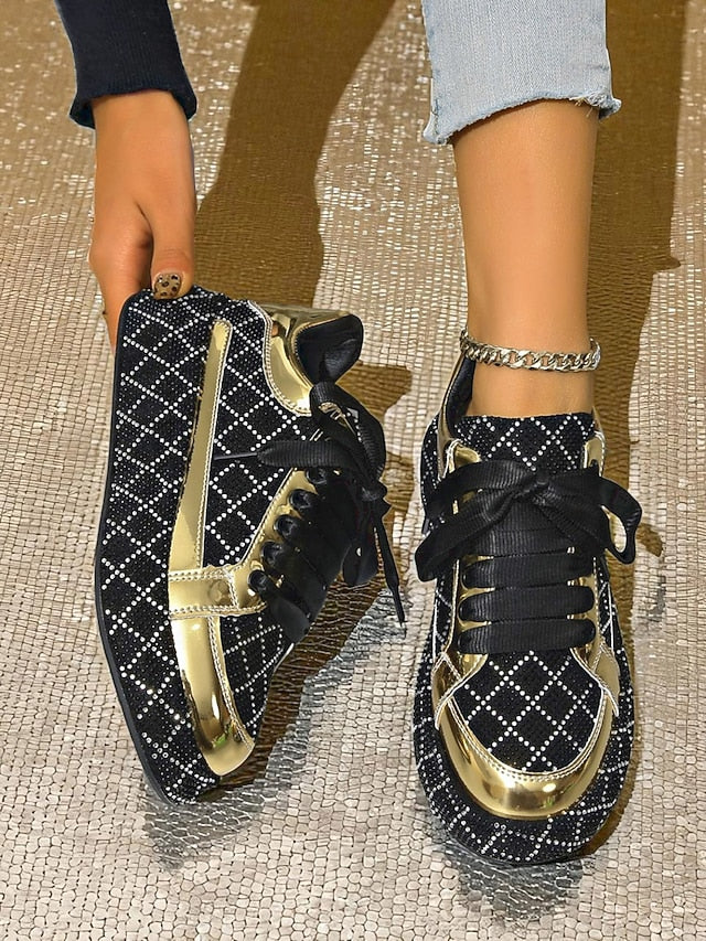 Quilted Women's Sneakers - Black Rhinestone Silver and