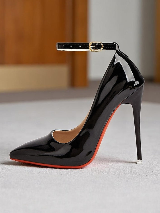 Heels Leather Patent Women's Ankle Stiletto with Black