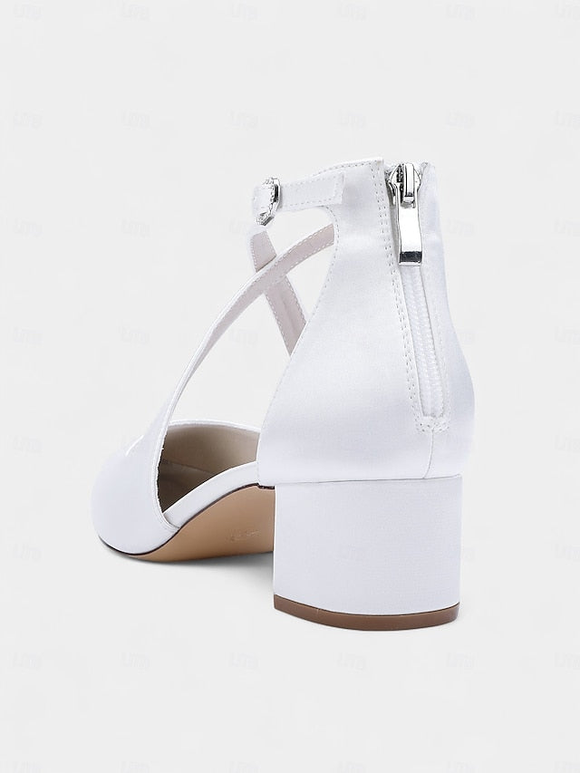 Toe Pointed Block Elegant - Satin Women's Heels Ivory