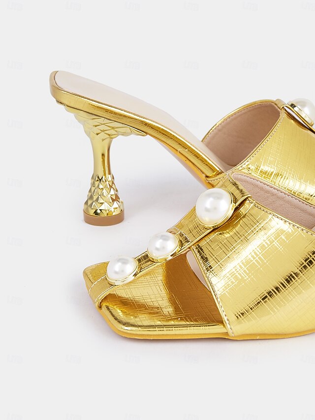 – Gold Elegant Pearl with for Mules Open-Toe Detailing Women