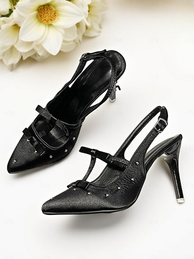 T-Strap Bows – Purple Satin Women's with and Heels Studs