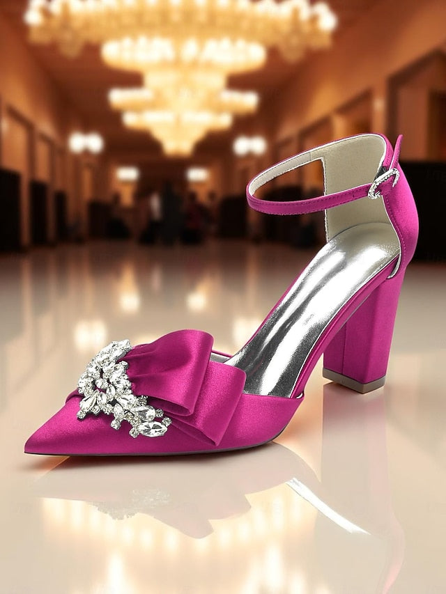Bow Block Pumps Satin Heel and with Crystal Women's