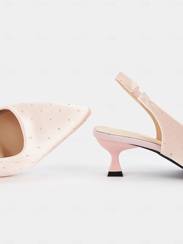 Kitten Heels Women's Studs Rhinestone Slingback Satin with