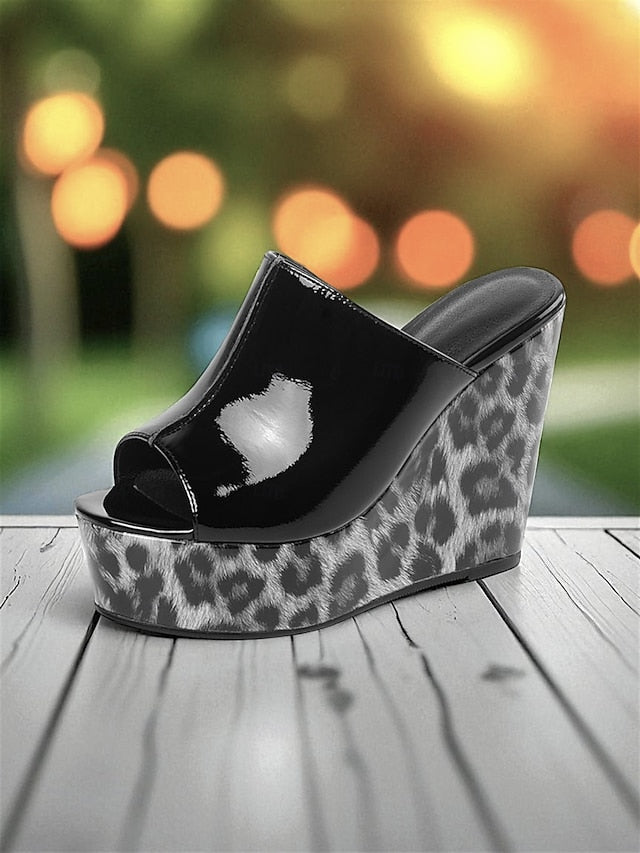 - Leopard Peep Patent Sandals Wedge Women's Leather Toe Red