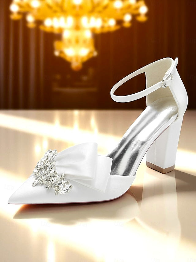 Bow Block Pumps Satin Heel and with Crystal Women's