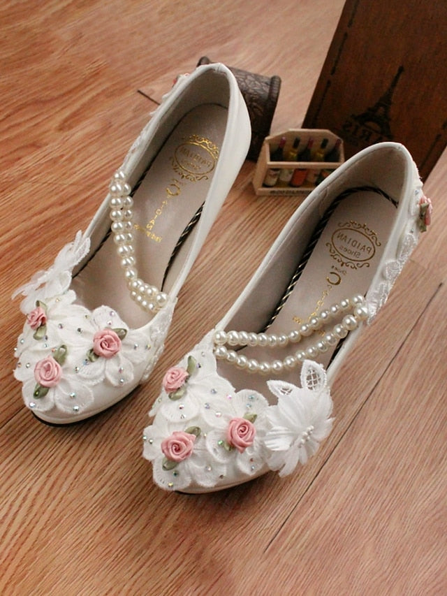 Pearl Bridal Shoes Heel Embellished White for Floral Low Strap