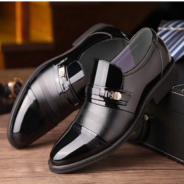 Men's Loafers with Faux Patent Brown Leather