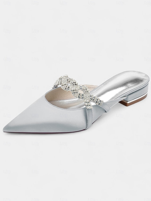 - Satin Blue Heels Mule Detailing with Rhinestone Pointed-Toe