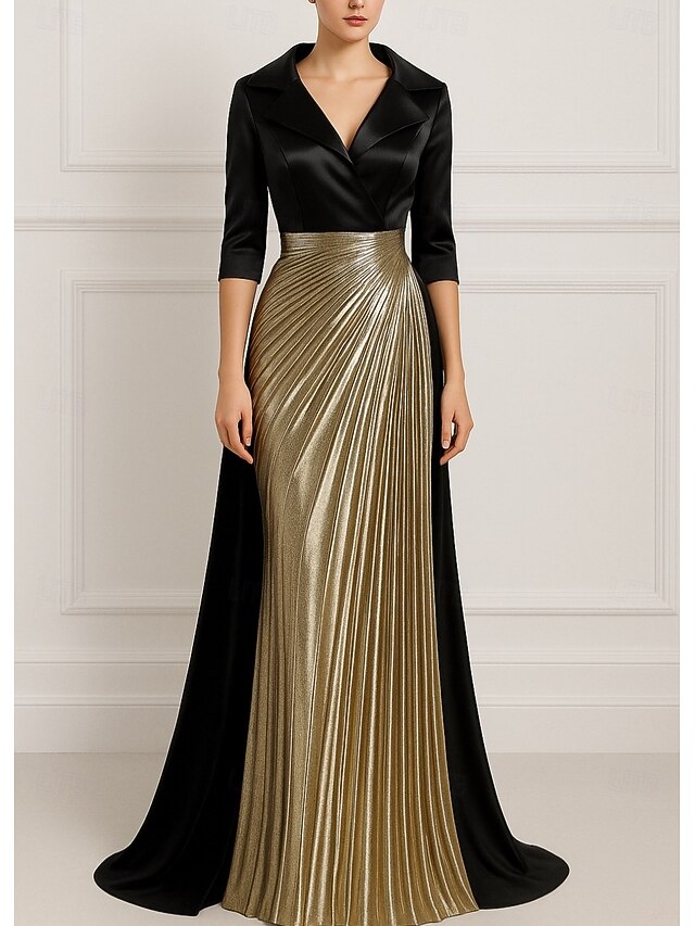 Evening Gold Gown Elegant Dress Black Wedding Formal A-Line