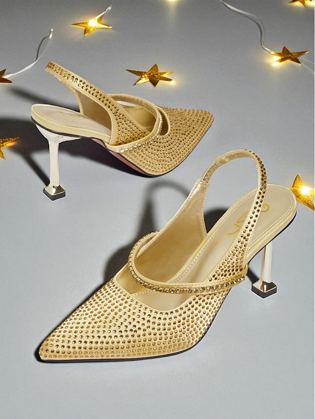 Toe Pointed Women's Rhinestone - Gold Heels Sparkly