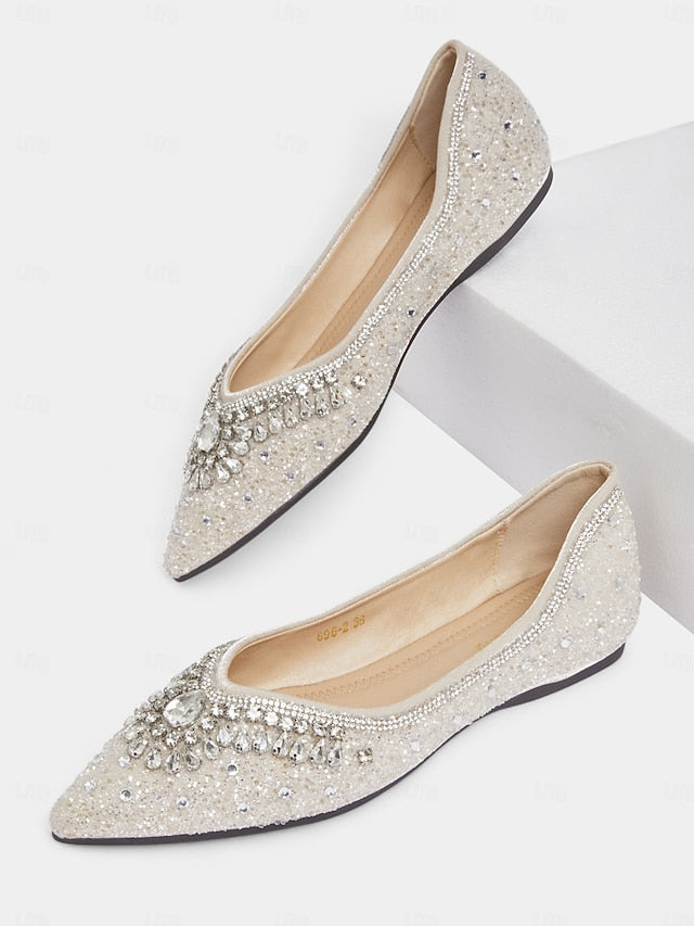 Silver Crystal Women's Pointed Flats Glitter Toe with