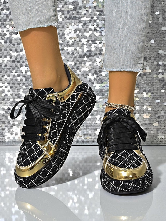 Quilted Women's Sneakers - Black Rhinestone Silver and