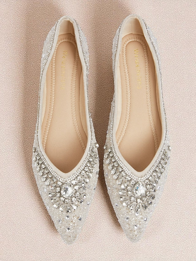 Silver Crystal Women's Pointed Flats Glitter Toe with
