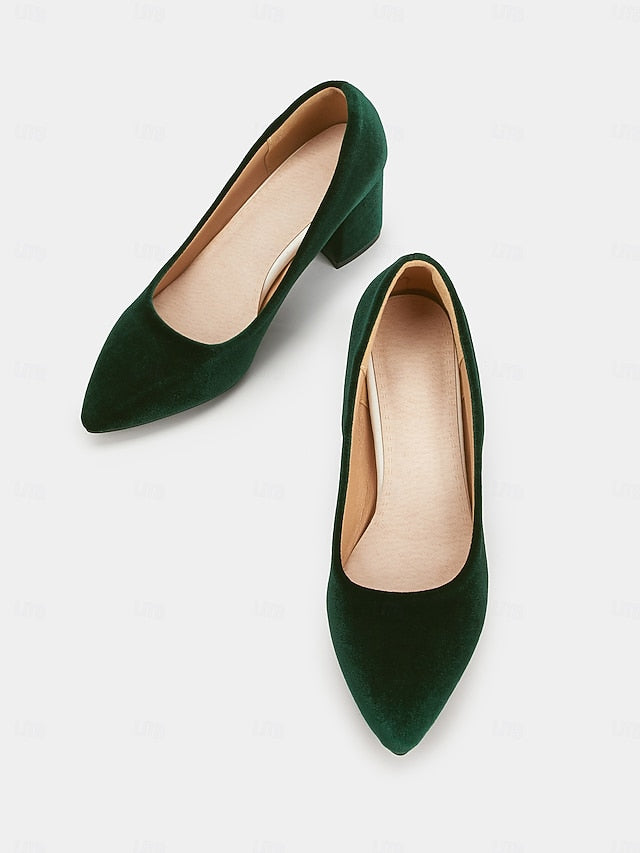 Toe Women's Green Pointed Elegant - Velvet Heel Block Pumps
