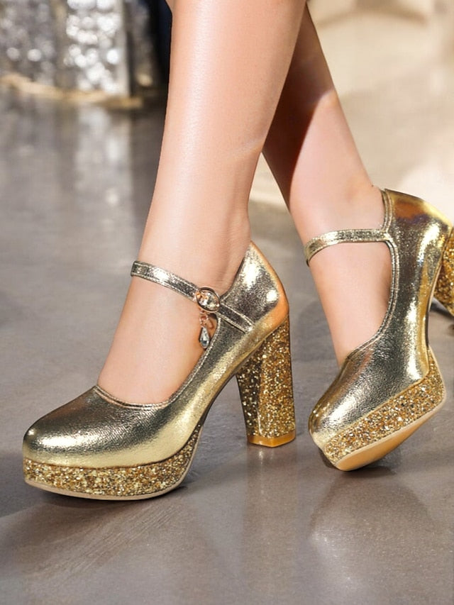 – Women's Block Heel Jane Glitter Mary Sparkly Gold Pumps