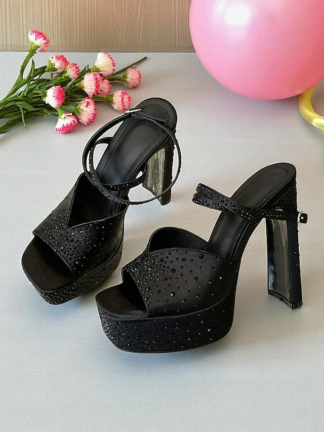 with Toe Platform Sandals Rhinestone Heel High Peep Women's