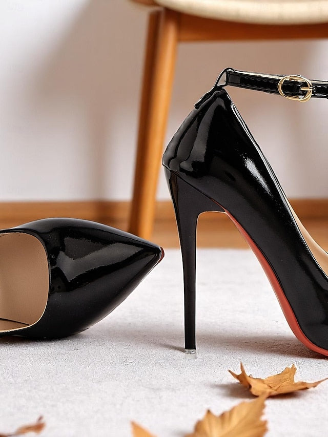 Heels Leather Patent Women's Ankle Stiletto with Black
