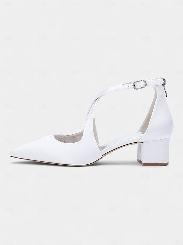 Toe Pointed Block Elegant - Satin Women's Heels Ivory