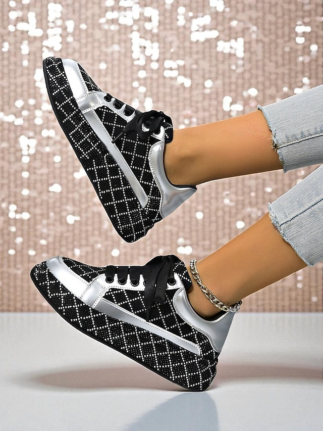 Quilted Women's Sneakers - Black Rhinestone Silver and