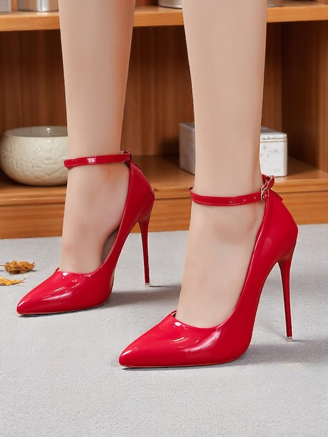Heels Leather Patent Women's Ankle Stiletto with Black