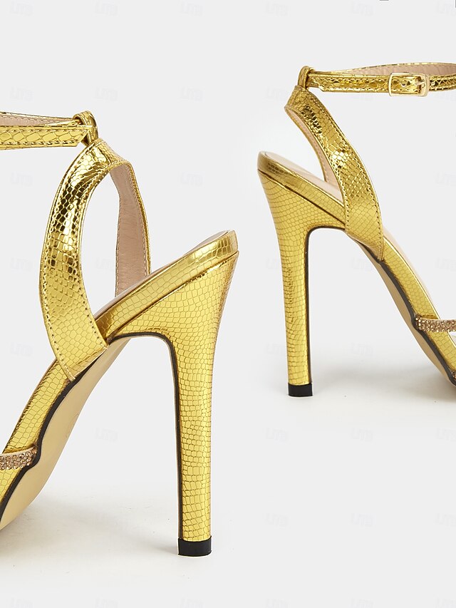 Rhinestone-Embellished Open-Toe Stiletto Women Gold Sandals for