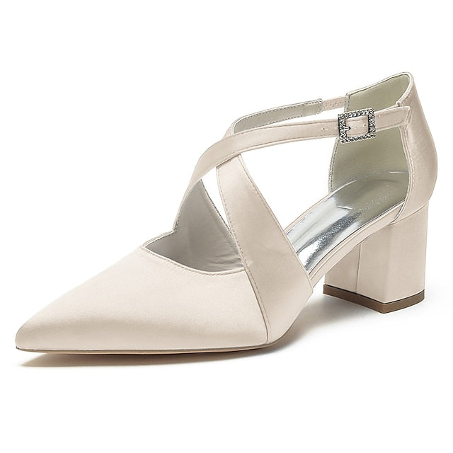 Elegant Block White Pointed Women's – Heels Satin Toe